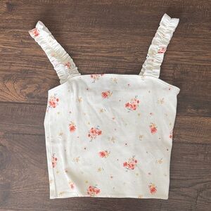 Forever 21 White Floral Ruffle Strap Tank Top with Pink & Yellow Flowers